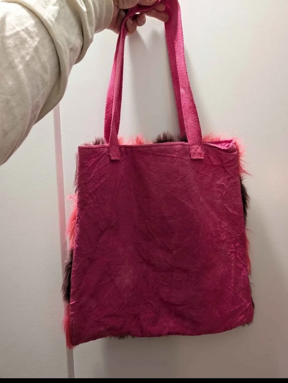 Pink & Brown Faux Fur Checker Tote Bag - Womens Handbag